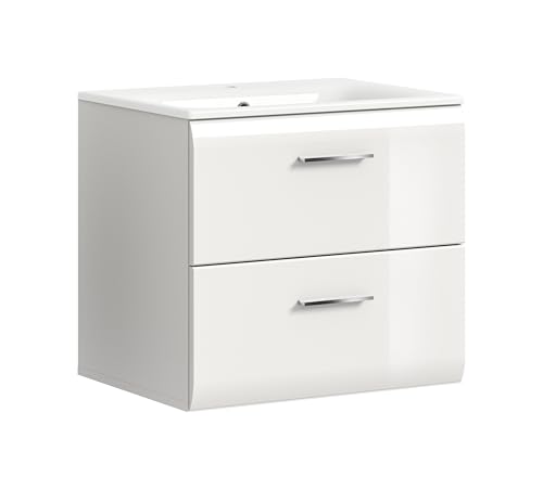 xonox.home – Waschtisch Ice 60x55x46 cm inkl. Waschbecken in Korpus weiß Nachbildung und Front weiß Hochglanz – Waschplatz in Weiß – platzsparend & schick xonox.home – Waschtisch Ice 60x55x46 cm inkl. Waschbecken in Korpus weiß Nachbildung und Front weiß Hochglanz – Waschplatz in Weiß – platzsparend & schick