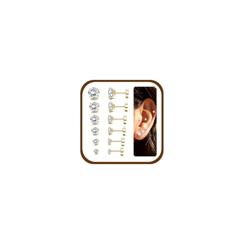 6 Paires Boucles d'Oreilles Dos Plat pour Femmes Hommes Acier Inoxydable Zircone Cubique Clous d'Oreilles Hypoallergénique Cartilage Helix Piercing Oreille...