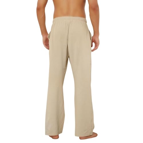 Image of Puimentiua Cotton Linen Pants Men, Summer Beach Pants Loose Fit with Elastic Waist Drawstring
