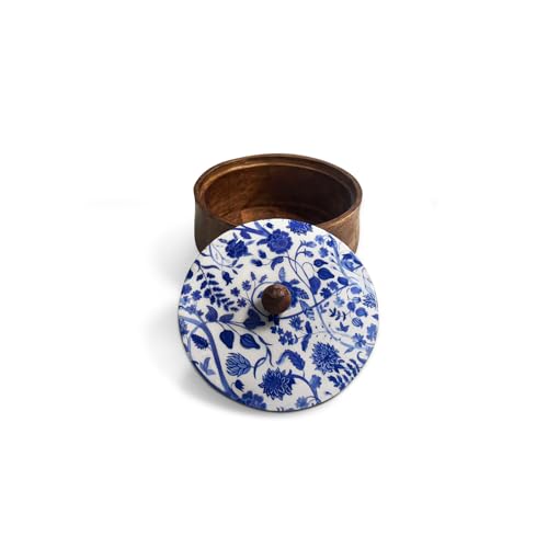 Image of ExclusiveLane 'Indigo Baagh' Wooden Chapati Box for Kitchen with Lid (21.8 cm, Mango Wood, Hand-Enameled, Multicolor) | Hot Case for Roti Casserole for Roti Box Hot Pot for Roti Kitchen