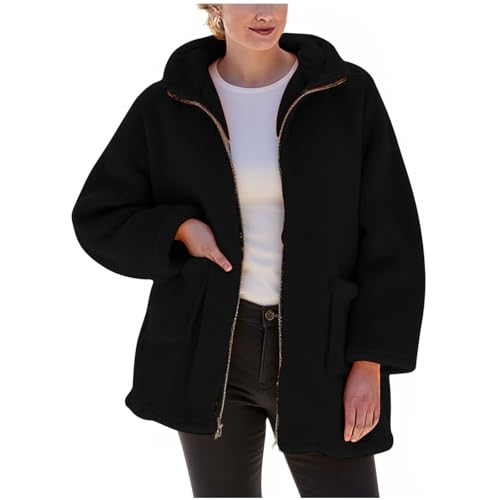 Dyhxuan Chaqueta de forro polar para mujer, cuello alto, chaqueta de forro polar de peluche, monocolor, chaqueta de felpa con cremallera, chaqueta de peluche, chaqueta suave y cálida de invierno