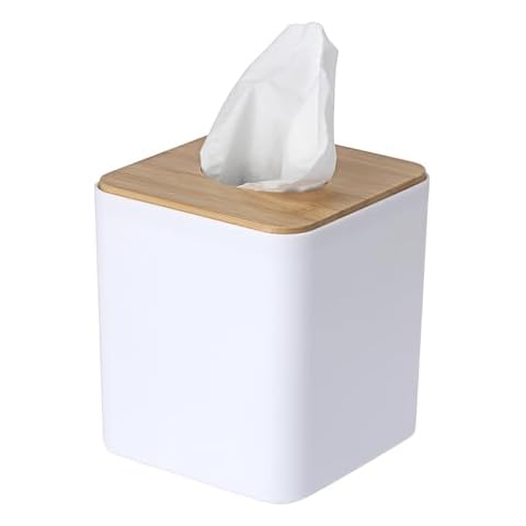 Kokone Modern Tissue Box Cover - Sturdy Plastic Square Tissue Box with Bamboo Lip for Home,Office Cube Tissue Holder for Vanity Dresser Night Stand Toilet Tank Table Countertop,White Cover