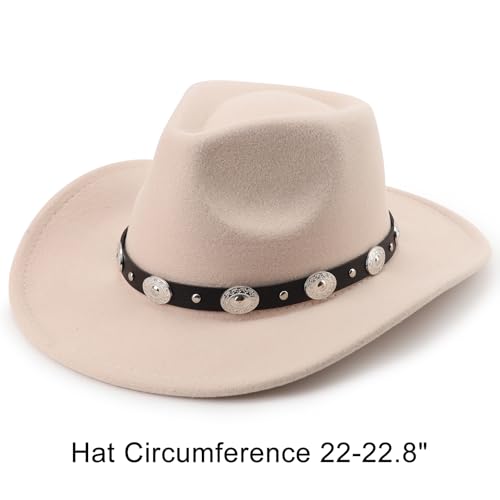 Image of DRESHOW Women Men Classic Felt Wide Brim Western Cowboy & Cowgirl Cap Belt Buckle Retro Panama Hat Unisex Rolled up Caps