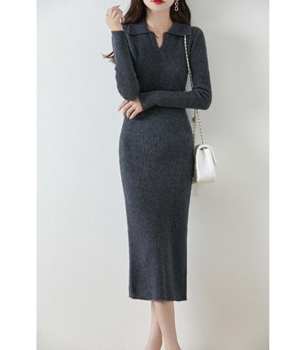 100% Merino Wool Sweater Dress Women's Long Sleeve Knitted Flip Collar Fall Winter Slim Long Tops3