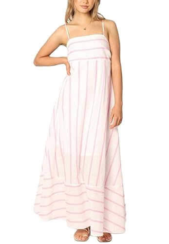 Image of KMBANGI Women Striped Sleeveless Maxi Dress Swing Patchwork Midi Dress Smocked Spaghetti Strap Colorful Long Sundress