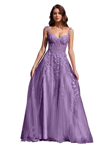 Image of Long Tulle Prom Dresses 2025 V Neck Floral Long Ball Gowns for Women Lace Applique Formal Evening Gowns ACE159