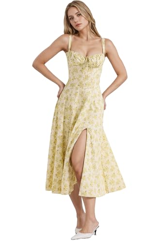 Image of Women Floral Corset Dress 2026 Boho Midi Sundress Summer Dress | Flowy A-Line Dress with Adjustable Spaghetti Straps Lace Up Back Front Slit High Waist for Vacation Wedding Guest