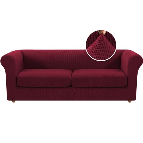3 Piece Chesterfield Sofa Cover for 2 Cushion Couch High Arm Sofa Slipcovers 2 Seat High Stretch Washable Furniture Protector for Dogs Pet (Burgundy, XL-Loveseat)