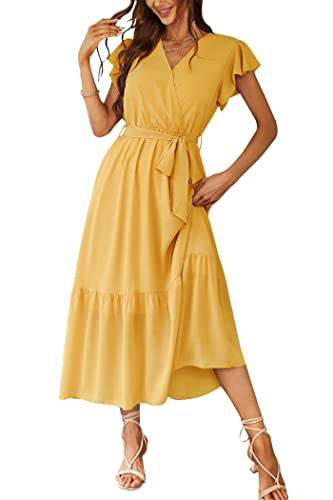 PRETTYGARDEN Women's Summer Floral Boho Maxi Dress Wrap Short Sleeve V Neck Ruffle A-Line Flowy Wedding Guest Long Dresses