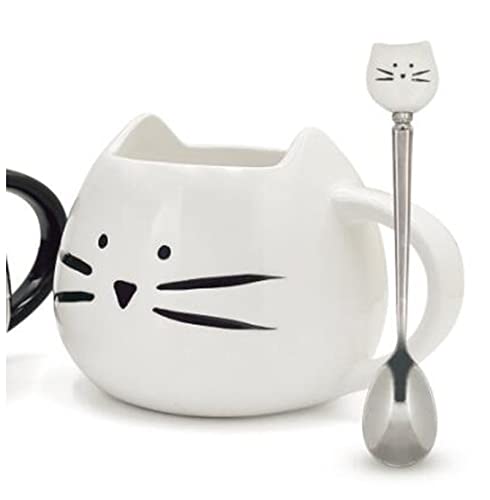 MRKU Tazas de cerámica con Forma de Gato, con Cuchara, para café, té, Leche, Animales, con asa, 400 ml