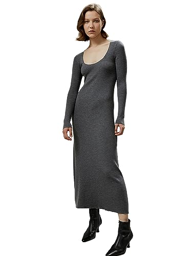 LilySilk 100% Merino Wool Knit Dress for Women Ribbed Bodycon Midi Scoopneck Round Neck Dress for Fall Elegant Slim Fit Dark Gray M : Clothing, Shoes & Jewelry