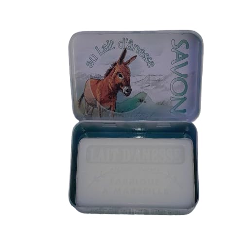 Boîte en métal ânesse avec savonnette marseillaise lait d'ânesse 60g-Fabrication française-enrichie en beurre de karité bio