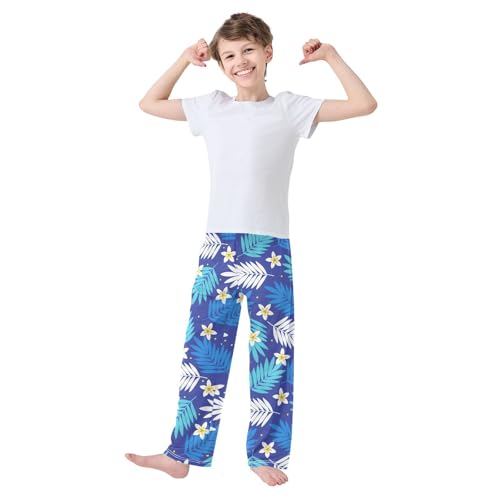 ZZXXB Tropical Hibiscus Flowers Leaves Boys Long Pants Soft Trousers Elastic Waist Kids Lounge Bottoms with Pockets S-XL2
