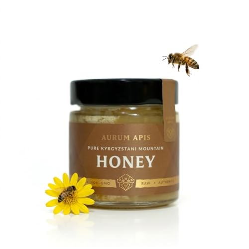 AURUM APIS Organic Mountain Honey | Pure Kyrgyzstan Wild Honey | Unfiltered Unprocessed | Zero Sugar Gourmet Honey for Tea Cheese & Breakfast | Raw Wildflower Hand Harvested - 130 Gram Jar