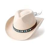 Gossifan Western Cowboy & Cowgirl Hat Felt Wide Brim Women Men Fedora Hats-B Belt Beige
