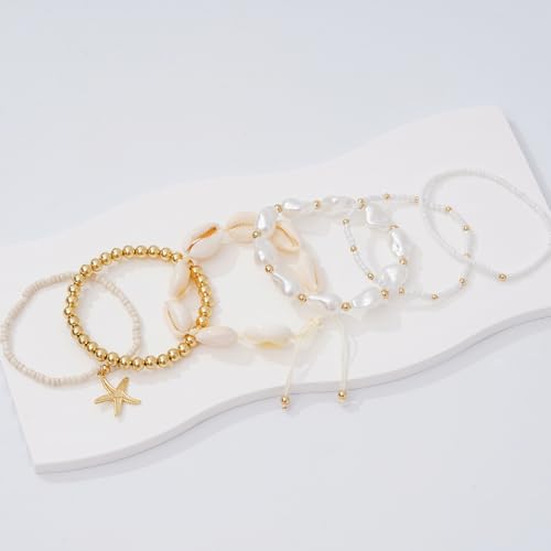 Shell Bracelet Boho Beaded Stretch Bracelets for Women Seashell Strand Bracelets Starfish Charm Jewelry Summer Beach Jewelry Stackable Crystal Gold Beads Bracelet for Women2