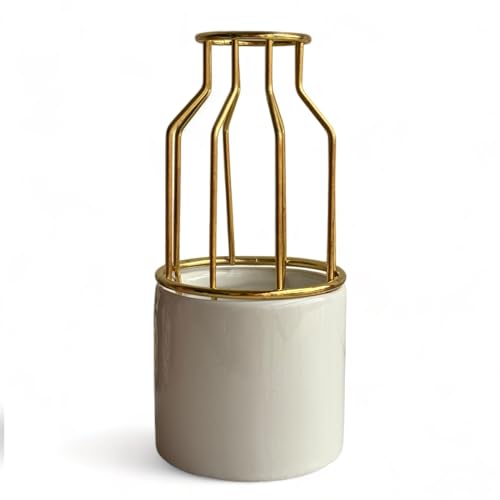 Image of Art Street Metal Geometric Design with Gold Finish White Ceramic Vase for Home Decoration,Office, Living Room, Bedroom (Size: 3x7 Inch)