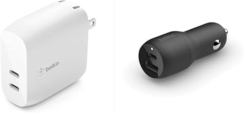 Belkin Cargador de pared USB C de doble puerto de 40 W paquete de 1 y cargador rápido de coche de 37 W puerto USB tipo C de 25 W y puerto USB A de