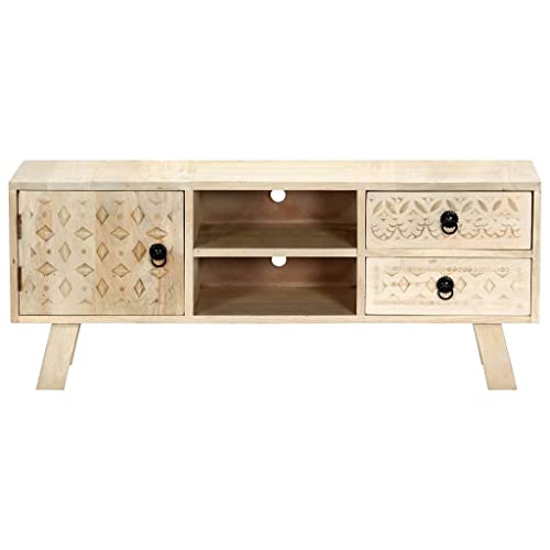 Vorpalize Mueble de TV de madera maciza de mango, 110 x 30 x 44 cm, armario auxiliar con 2 cajones, 1 puerta y compartimentos abiertos, mesa de centro estable, mesita de noche para salón dormitorio