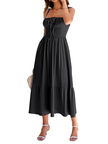 Image of Women's Casual Beach Vacation Dress with Pockets Flowy Aline Tiered Spaghetti Strap Lace Up Corset Midi Sundress for Summer