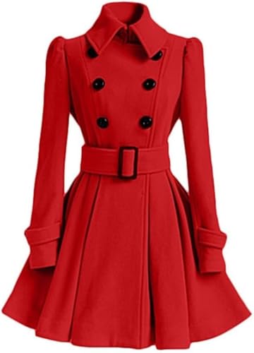 Juankrynord Abrigo de mujer de invierno de moda casual irregular Solapa de doble botonadura gruesa A-line guisante abrigo con cinturón Ligero abrigo de doble botonadura trinchera Slim fit (Rojo,XXL)