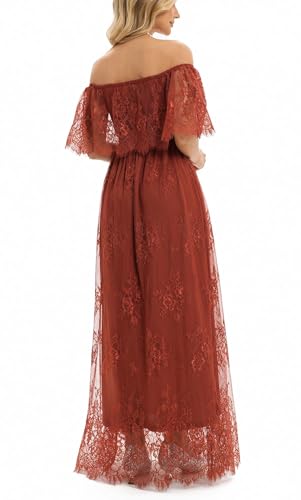 Image of HOYISHION Women's Off The Shoulder Floral Lace Maxi Dress White Bridesmaid Wedding Party Maternity Photoshoot Long Dresses