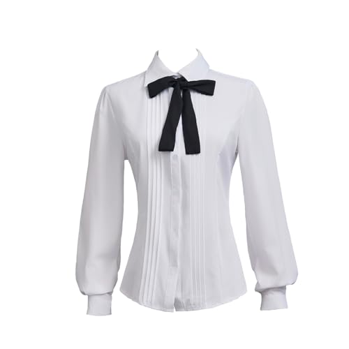 Taiduosheng Blusas ajustadas para mujer, de manga larga, con botones, color blanco, con lazos, camisas de trabajo, Corbata blanca y negra, S