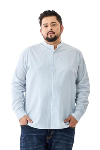 Image of SNITCH Men Casual Plus Size Shirt | Regular Fit Full Sleeve Mandarin Collar Striped Design | Premium Cotton Linen Blend & Breathable Fabric for Office & Everyday Wear