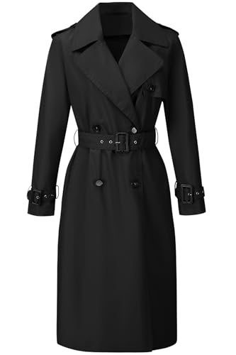 Image of RISISSIDA Women Trench Coat,Classic Double-Breasted Belted Waterproof Overcoat with Adjustable Buckle Sleeves,Spring Fall Long Casual and Professional Business Outerwear Trenchcoat 2331 Black M