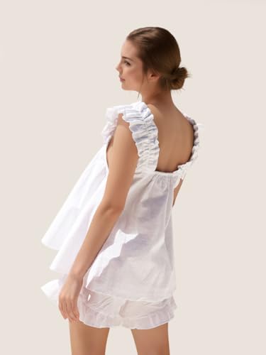 Womens Summer Pajama Sets 2 Piece Outfits Ruffle Trim Top and Shorts Cotton Loungewear Set4
