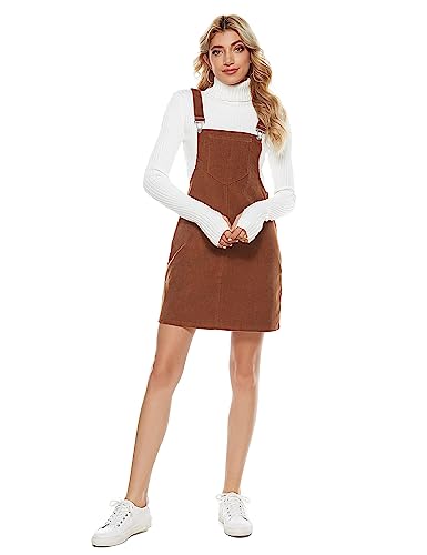 Yeokou Womens Casual Corduroy Bib Knee Length Overalls Pinafore Midi Dress Jumpsuit(Brown-L) thumb #5