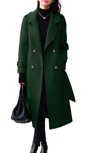 chouyatou Women's Winter Belted Wool Coat Double Breasted Midi Long Casual Trench Dressy Peacoat (Large, Green)