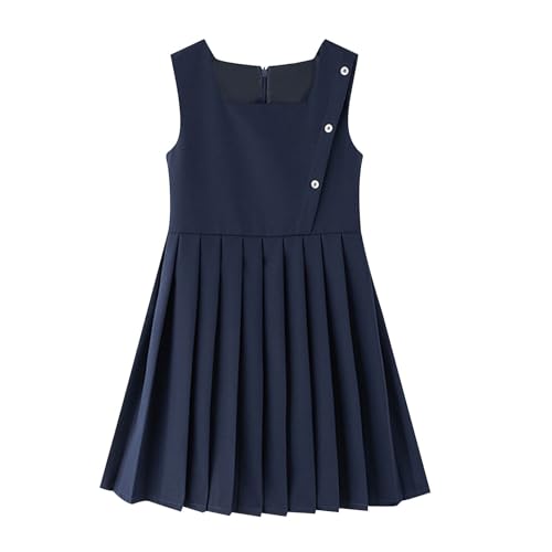 Girls School Uniform Dress Cute Pleated Knee Length Sleeveless Preppy Jumper Dress for Kids 3-14Y