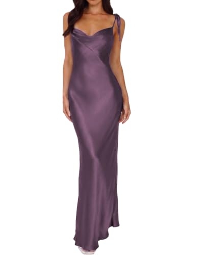 Image of 2026 Satin Cowl Neck Spaghetti Strap Maxi Dress for Women Bridesmaid | Silk,Tie Strap,Slip,Slit,Midi,Wedding Guest,Graduation,Elegant,Cocktail,Vacation,Party