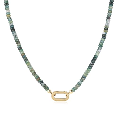 SAMYA Womens Moss Agate Necklace - 4X2 mm Beads Genuine Moss Agate Beads Jewelry Green Beaded Necklace for Women Stainless Steel Gold-Plated Oval Clasp 18 Length