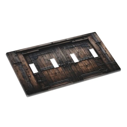 Decorative Light Switch Cover Plate Retro Brown Wood Barn Door Vintage Farmhouse 4 Gang Wall Plate Oversized Quad Toggle Switch Cover Plate Jumbo Faceplate