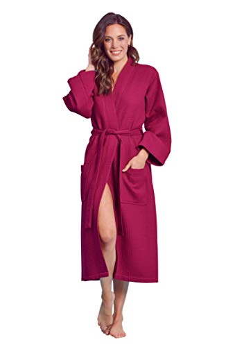 Luxurious Soft Absorbent Lightweight Long Kimono Waffle Spa Bathrobe for Women (Small, Wine Red)