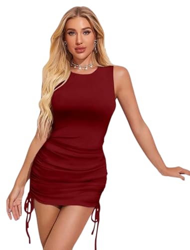 Image of LONDON BELLY Women's Solid Pattern Polyester Blend Bodycon Mini Dress with Drawstring Fitted Closure Type Round Neck and Sleeveless Thigh Length | One Piece Dresses for Women