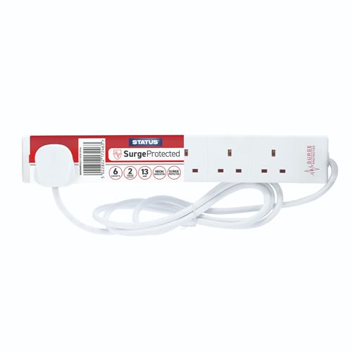 STATUS 6 Socket Surge-Protected Extension Lead, 2m Cable with Neon Power Indicator, 13A 3120W Rated Multi-Plug Strip, White (S6W2MSPS12)