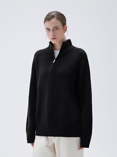 Image of SUUKSESS Women Cashmere Blend Oversized Quarter Zip Pullover Sweater Long Sleeve Collared Ribbed Knit Jumper Tops