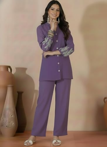 Image of SHEINZY Elegant Embroidered Sleeve Co-Ord Set for Women | Comfortable Silk Blend V-Neck Button-Down Top Matching Pants | Stylish Casual Ethnic Wear