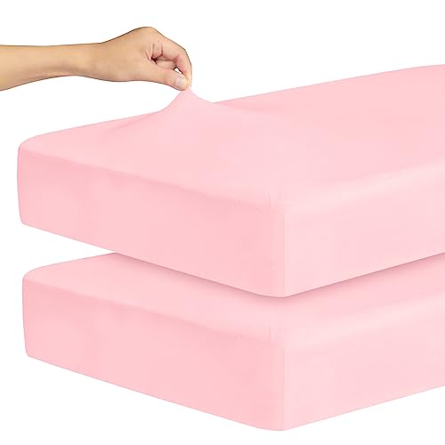 Image of Stretchy Crib Sheets for Girls, 2 Pack Fitted Crib Sheets for Standard Crib and Toddler Mattress 52" x 28", Soft and Breathable, Pink
