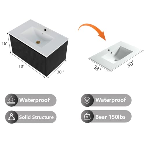 Image of 30 Inch Floating Bathroom Vanity with Ceramic Sink, Modern Striped Wall Mount Vanity Cabinet with Compartmentalized Storage Drawer, Black