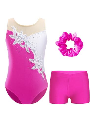 Alvivi Maillot Gimnasia Ritmica Brillantes Niña Conjunto Deportivo Maillot Ballet de sin Manga +Pantalones Cortos de Danza y Diadema Traje de Baile 3-16 Años A Rosa Oscuro 5-6 años