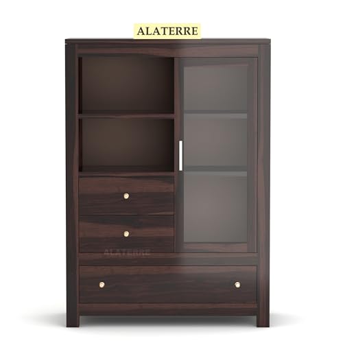 Image of Wood Book Shelf with Glass Door with Storage | Wooden Book Shelf for Home Library with Drawer | Home Office Living Room, Kitchen Crockery Storage Cabinet | Walnut Finish