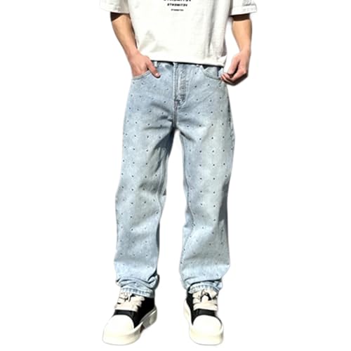 Mens Straight Leg Hip Hop Rivets Jeans Baggy Sparkling Denim Pants Streetwear