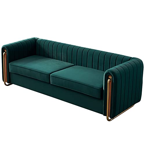 Image of Dolonm Modern Velvet Sofa for Living Room, 84 Inches Long Upholstered Sofa Couch with High Armrest and Metal Legs Decor Furniture for Bedroom, Office (Green)