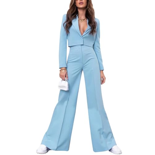 XYGJZ Women's 2 Piece Casual Outfits Cropped Blazer Jackets Wide Leg Pants Suits Set
