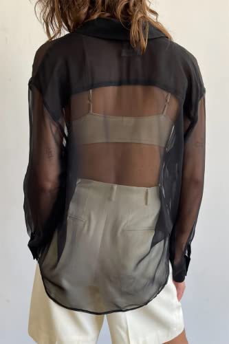 Women’s Sheer Button Up Shirt Y2K Long Sleeve Lapel V Neck Mesh Top Vintage See Through Basic Blouse Streetwear4