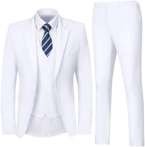 Men&#39;s 3 Piece Slim Fit Suit Set, Two Button Blazer Solid Suit Jacket Vest Pants Tuxedo Set for Wedding Prom